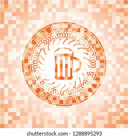 beer jar icon inside abstract emblem, orange mosaic background