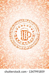 beer jar icon inside abstract orange mosaic emblem