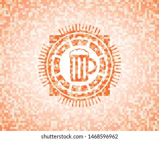 beer jar icon inside abstract orange mosaic emblem