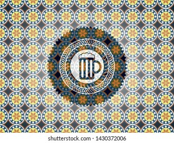 beer jar icon inside arabesque style badge. arabic decoration.
