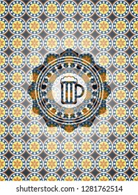 beer jar icon inside arabic emblem background. Arabesque decoration.