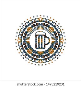 beer jar icon inside arabic badge background. Arabesque decoration.