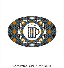 beer jar icon inside arabic style badge. Arabesque decoration.