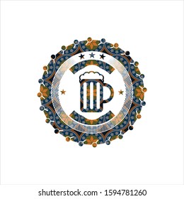 beer jar icon inside arabic badge background. Arabesque decoration.