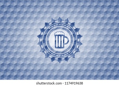 beer jar icon inside blue emblem or badge with abstract geometric pattern background.