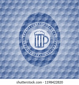beer jar icon inside blue badge with geometric pattern.