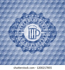 beer jar icon inside blue emblem with geometric pattern background.