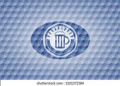 beer jar icon inside blue badge with geometric pattern.