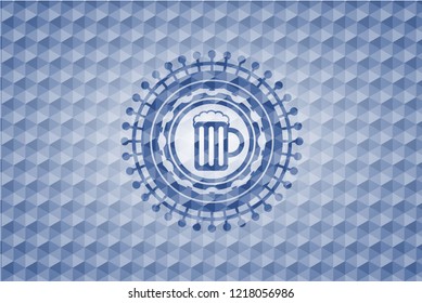 beer jar icon inside blue polygonal emblem.