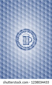 beer jar icon inside blue hexagon badge.