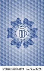 beer jar icon inside blue polygonal emblem.