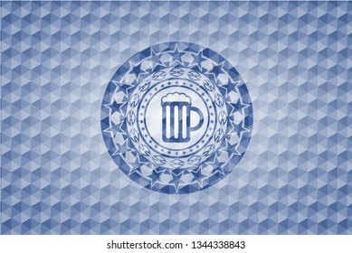 beer jar icon inside blue emblem with geometric background.