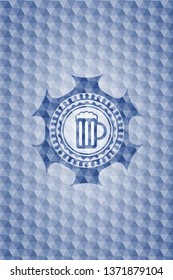 beer jar icon inside blue emblem with geometric background.