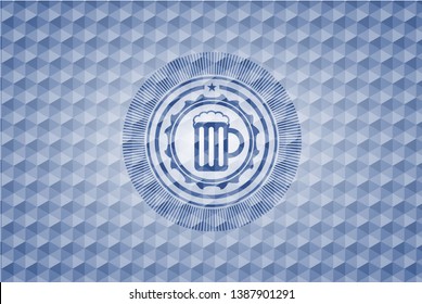 beer jar icon inside blue hexagon emblem.