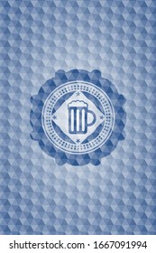 beer jar icon inside blue emblem with geometric background.
