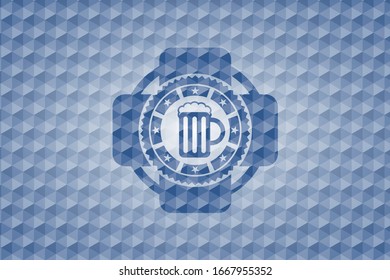 beer jar icon inside blue hexagon emblem.