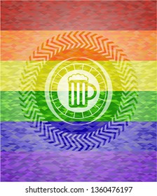 beer jar icon inside emblem on mosaic background with the colors of the LGBT flag