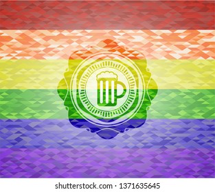 beer jar icon inside emblem on mosaic background with the colors of the LGBT flag
