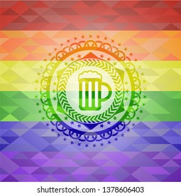 beer jar icon inside emblem on mosaic background with the colors of the LGBT flag