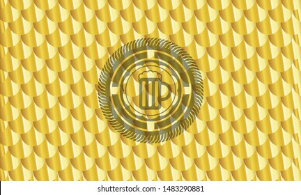 beer jar icon inside gold shiny badge. Scales pattern. Vector Illustration. Detailed.