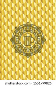 beer jar icon inside gold badge or emblem. Scales pattern. Vector Illustration. Detailed.