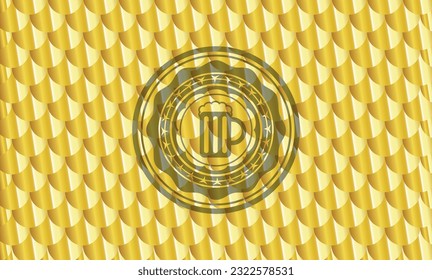 beer jar icon inside golden emblem or badge. Scales pattern. Vector Illustration. Detailed. 