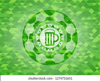 beer jar icon inside green emblem with triangle mosaic background