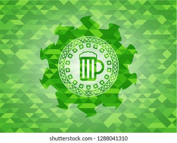 beer jar icon inside green emblem with triangle mosaic background