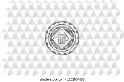 beer jar icon inside grey badge with geometric cube white background