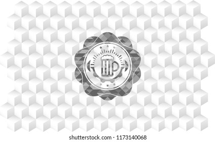 beer jar icon inside grey emblem with geometric cube white background