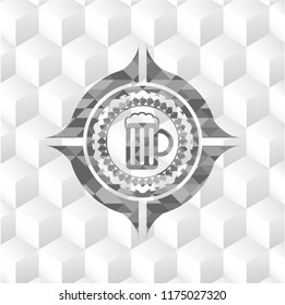 beer jar icon inside grey emblem with cube white background