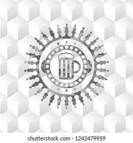 beer jar icon inside grey emblem with geometric cube white background
