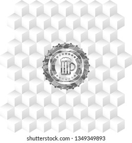 beer jar icon inside grey badge with geometric cube white background