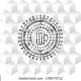 beer jar icon inside grey emblem with geometric cube white background