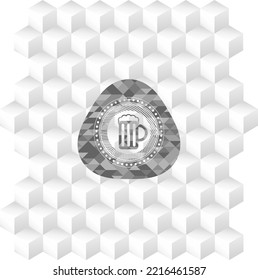 beer jar icon inside grey badge with geometric cube white background. 