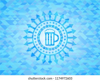 beer jar icon inside light blue emblem. Mosaic background