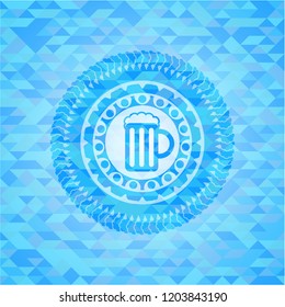 beer jar icon inside light blue emblem with triangle mosaic background