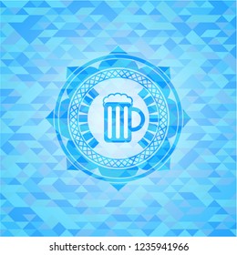 beer jar icon inside light blue emblem with mosaic background