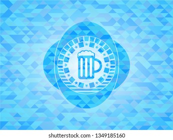 beer jar icon inside light blue emblem with triangle mosaic background