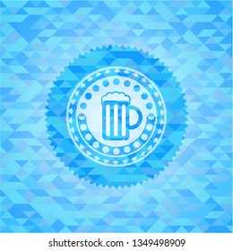 beer jar icon inside light blue emblem with mosaic background