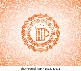 beer jar icon inside orange tile background illustration. Square geometric mosaic seamless pattern with emblem inside.