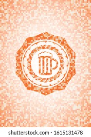 beer jar icon inside orange tile background illustration. Square geometric mosaic seamless pattern with emblem inside.
