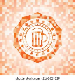 beer jar icon inside orange mosaic emblem. 