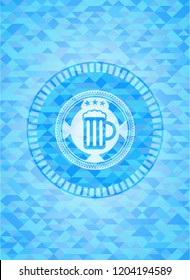 beer jar icon inside realistic sky blue mosaic emblem