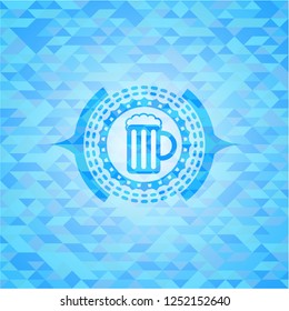 beer jar icon inside realistic sky blue mosaic emblem