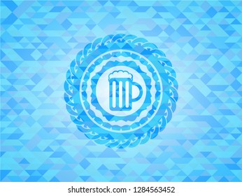 beer jar icon inside realistic sky blue emblem. Mosaic background