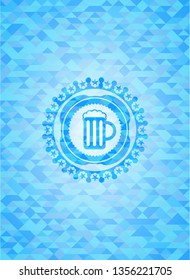 beer jar icon inside realistic light blue mosaic emblem