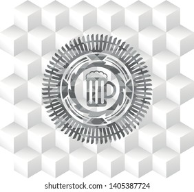 beer jar icon inside realistic grey emblem with geometric cube white background