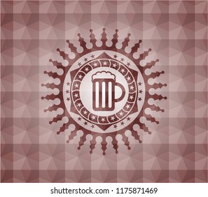 beer jar icon inside red emblem with geometric pattern background. Seamless.