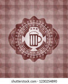 beer jar icon inside red seamless emblem or badge with geometric pattern background.
